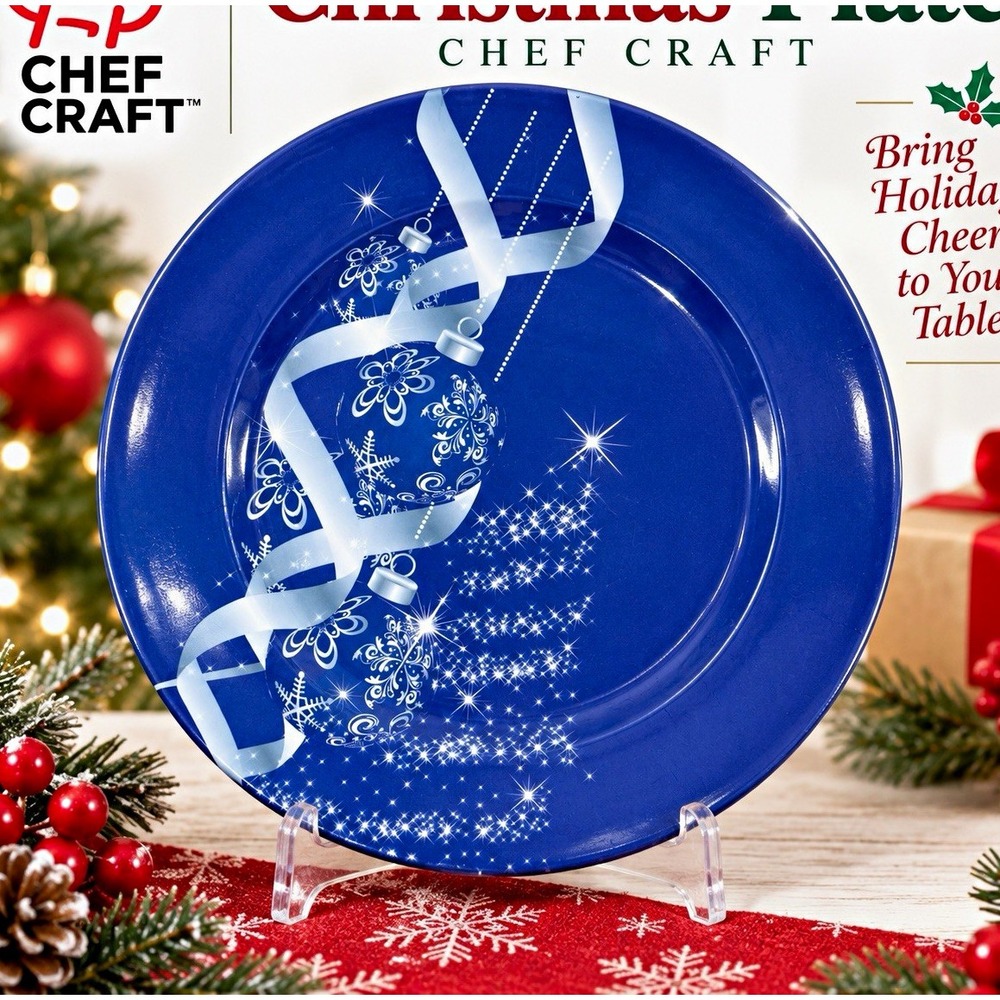 Chef Craft 13in Blue Plastic Plate Christmas Snowflake Ornament Holiday Platter